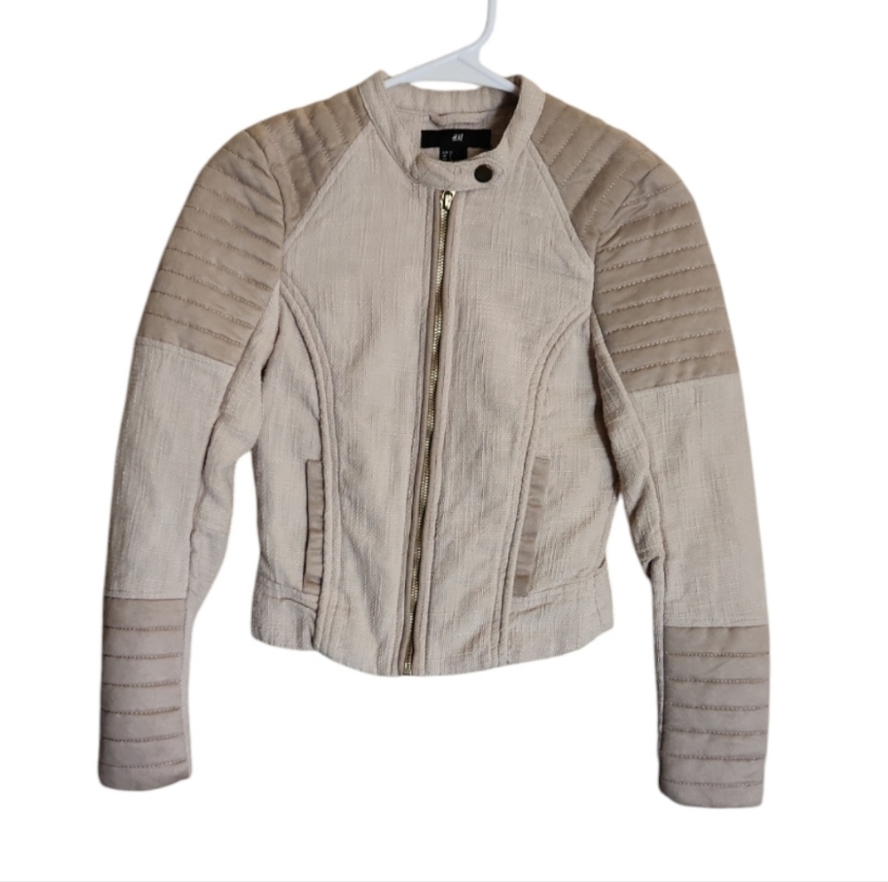 H&M Oatmeal Blazer Biker Jacket Zip-up Womans Sz 2 - Picture 2 of 7